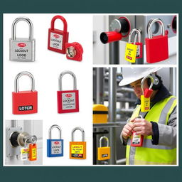 A collection of detailed images showcasing various types of LOTO (Lockout/Tagout) locks that are installed on industrial equipment