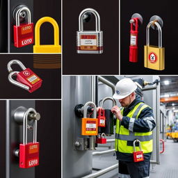 A collection of detailed images showcasing various types of LOTO (Lockout/Tagout) locks that are installed on industrial equipment