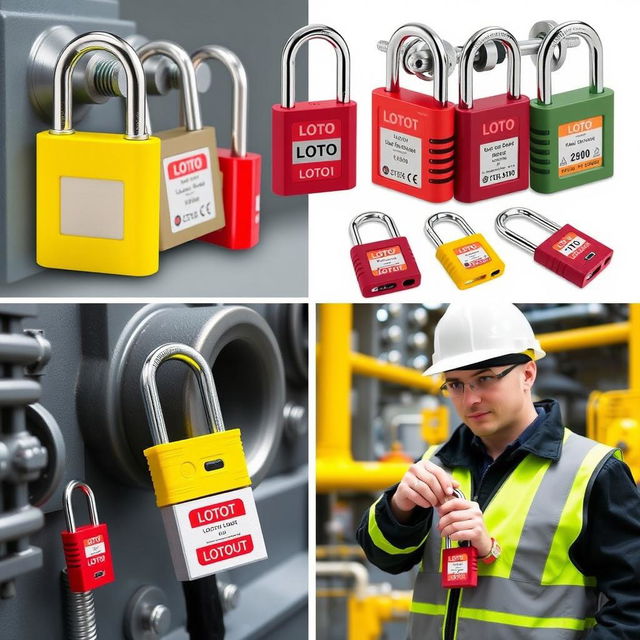 A collection of detailed images showcasing various types of LOTO (Lockout/Tagout) locks that are installed on industrial equipment