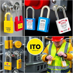 A collection of detailed images showcasing various types of LOTO (Lockout/Tagout) locks that are installed on industrial equipment
