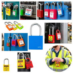 A collection of various LOTO (Lockout/Tagout) locks installed on different types of equipment