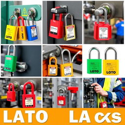 A collection of various LOTO (Lockout/Tagout) locks installed on different types of equipment