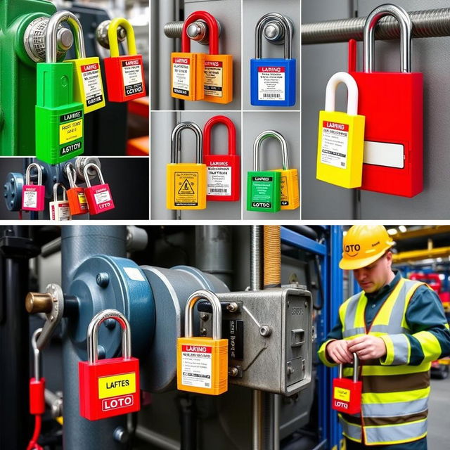 A collection of various LOTO (Lockout/Tagout) locks installed on different types of equipment