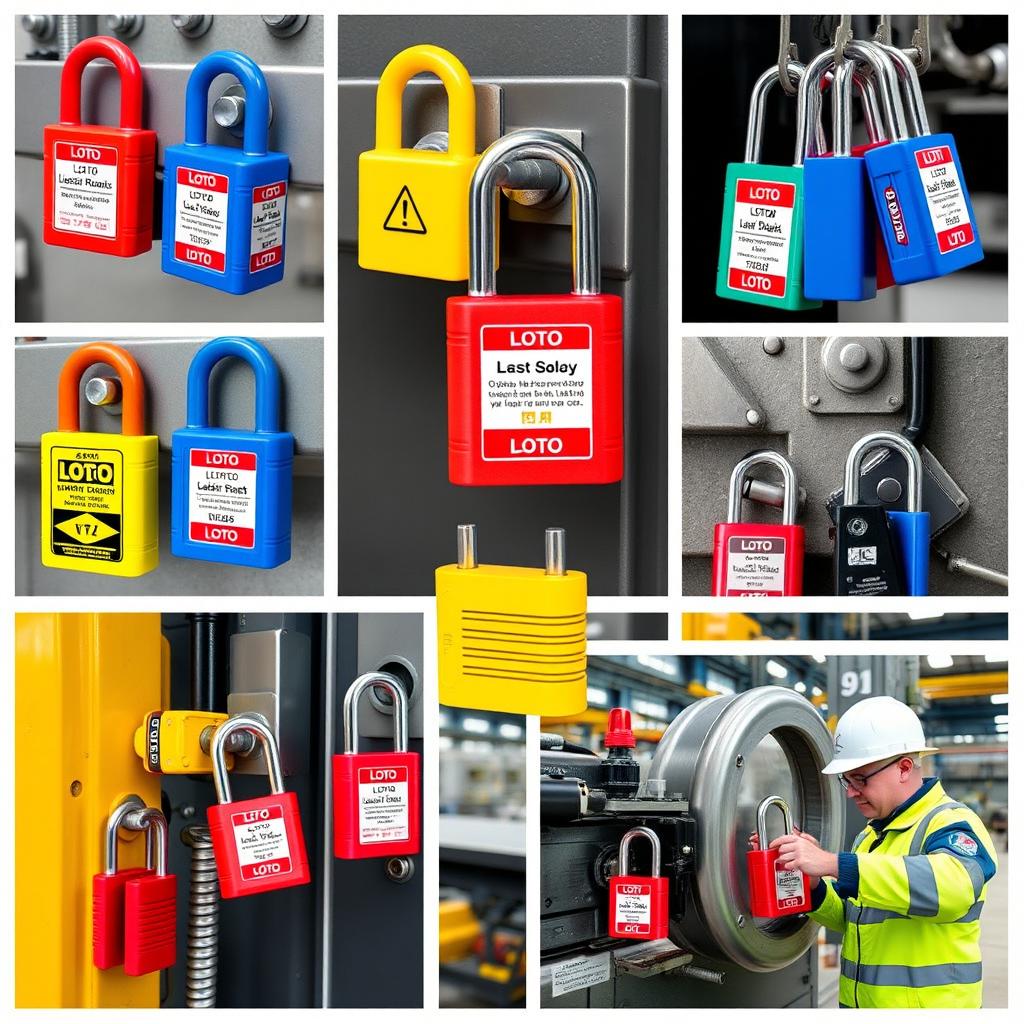 A collection of various LOTO (Lockout/Tagout) locks installed on different types of equipment