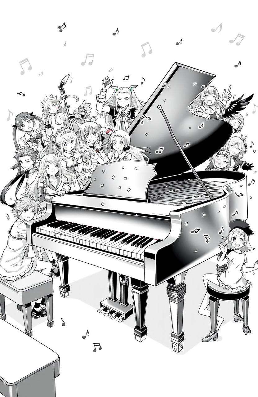 A black and white illustration titled 'Piano Sheet', featuring a grand piano surrounded by various anime and video game characters, all engaged in a musical theme