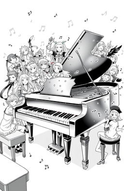 A black and white illustration titled 'Piano Sheet', featuring a grand piano surrounded by various anime and video game characters, all engaged in a musical theme