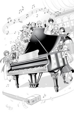 A black and white illustration titled 'Piano Sheet', featuring a grand piano surrounded by various anime and video game characters, all engaged in a musical theme