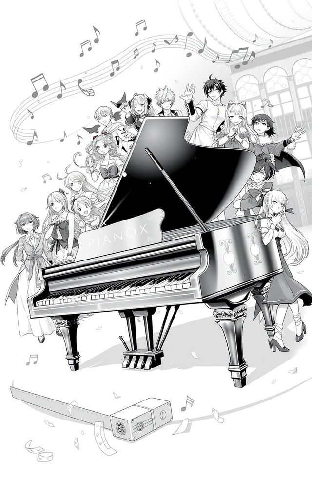 A black and white illustration titled 'Piano Sheet', featuring a grand piano surrounded by various anime and video game characters, all engaged in a musical theme