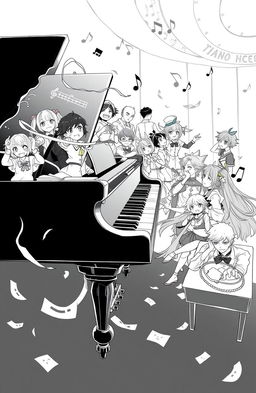 A black and white illustration titled 'Piano Sheet', featuring a grand piano surrounded by various anime and video game characters, all engaged in a musical theme