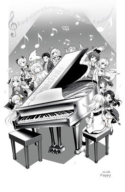 A black and white illustration titled 'Piano Sheet', featuring a grand piano surrounded by various anime and video game characters, all engaged in a musical theme
