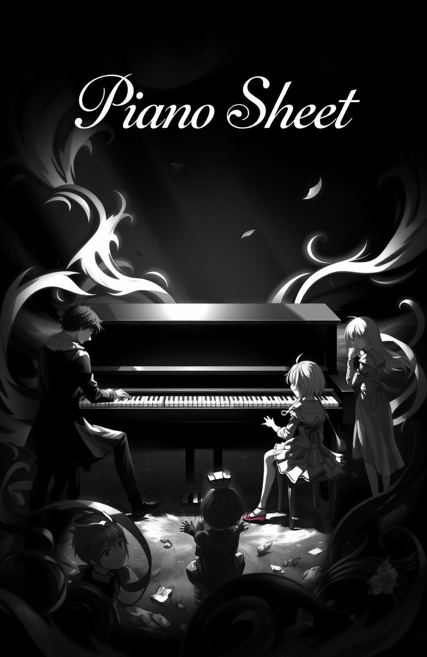 A dark epic scene in black and white that beautifully integrates elements of music and piano with a cast of anime and video game characters