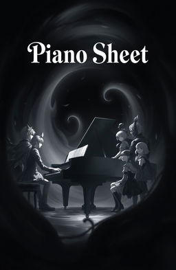 A dark epic scene in black and white that beautifully integrates elements of music and piano with a cast of anime and video game characters