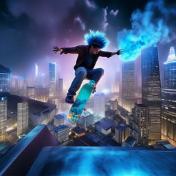 An edgy skateboarder engulfed in ice-blue flames, performing an intricate trick high above a glittering, nocturnal cityscape with ultramodern skyscrapers.