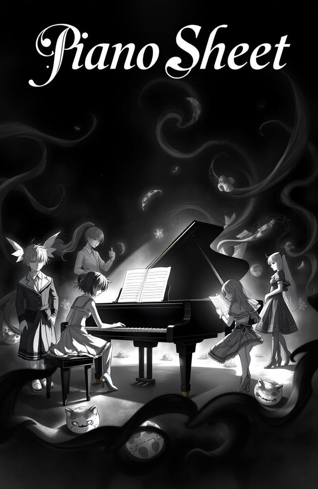 A dark epic scene in black and white that beautifully integrates elements of music and piano with a cast of anime and video game characters