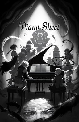 A dark epic scene in black and white that beautifully integrates elements of music and piano with a cast of anime and video game characters