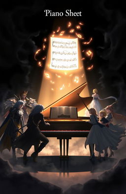 A dark and epic scene featuring a grand piano illuminated by a soft, glowing light