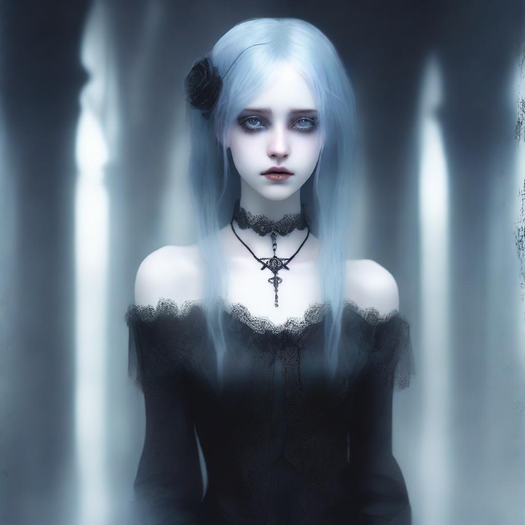 A high-quality digital art piece depicting a ghostly, female character with a gothic aesthetic