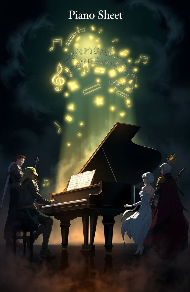 A dark and epic scene featuring a grand piano illuminated by a soft, glowing light