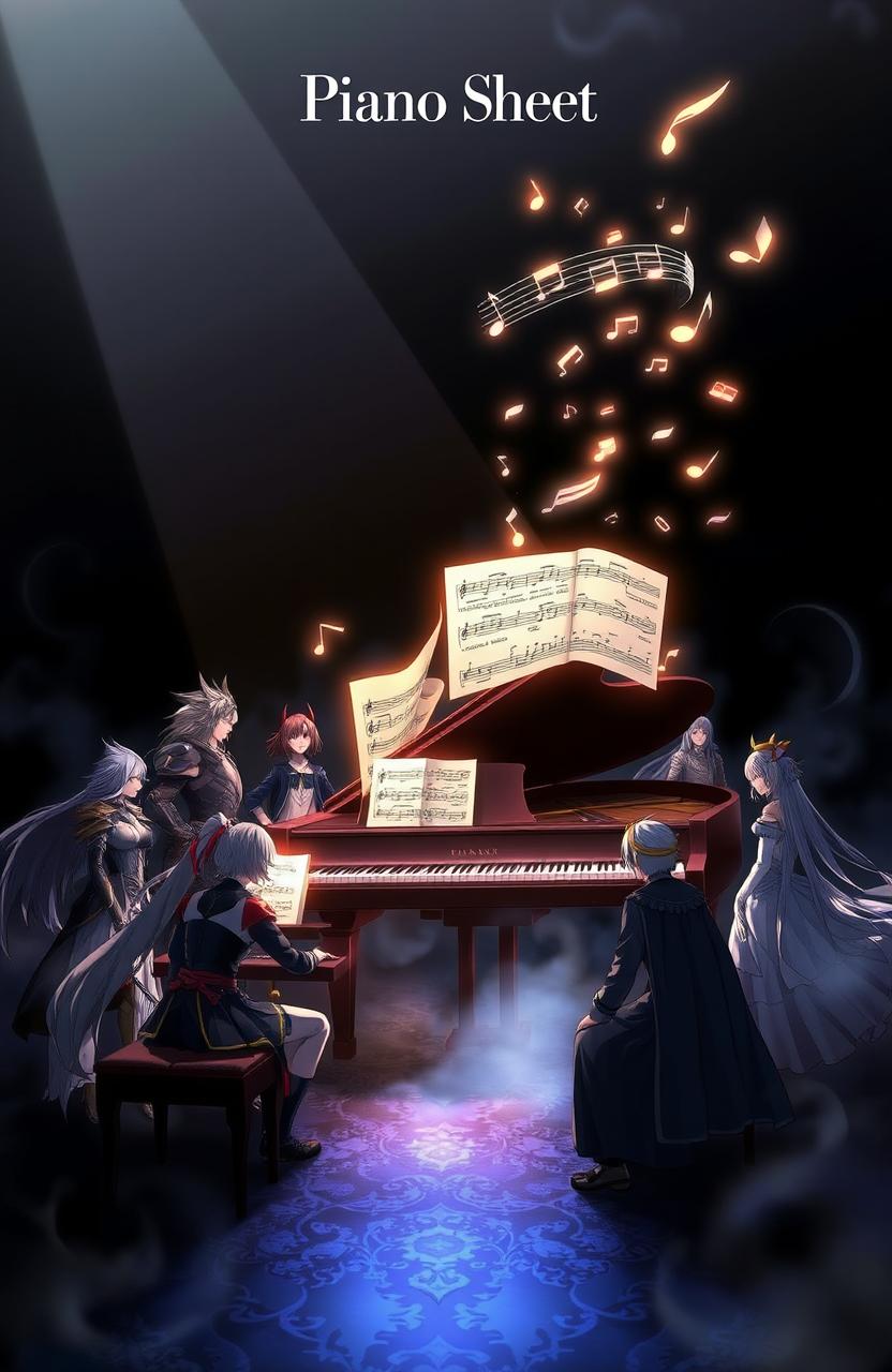 A dark and epic scene featuring a grand piano illuminated by a soft, glowing light