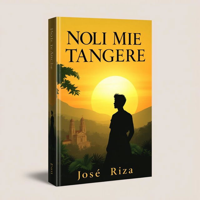 A captivating book cover design for 'Noli Me Tangere', featuring an artistic interpretation of the 19th century Philippine setting