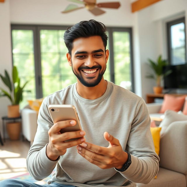 A smiling Indian Asian man using a smartphone in a bright and cheerful living room