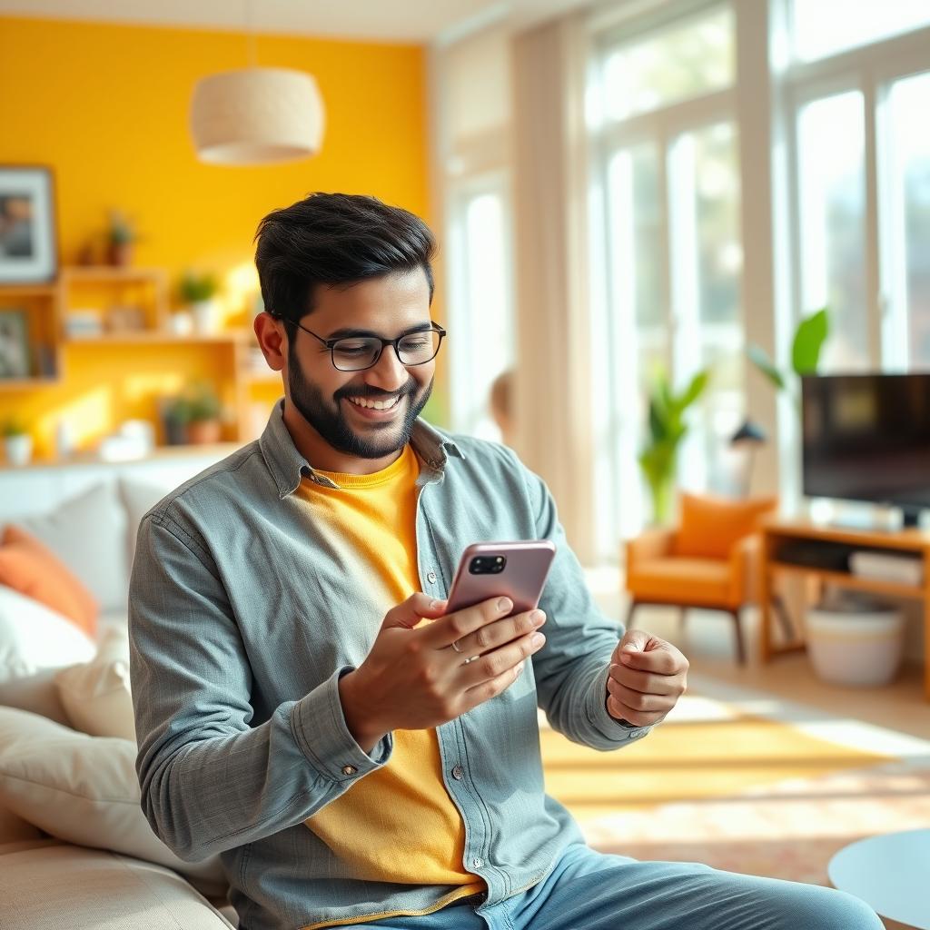 A smiling Indian Asian man using a smartphone in a bright and cheerful living room