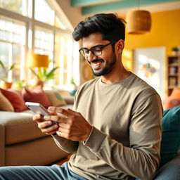 A smiling Indian Asian man using a smartphone in a bright and cheerful living room