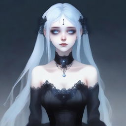 A high-quality digital art piece depicting a ghostly, female character with a gothic aesthetic