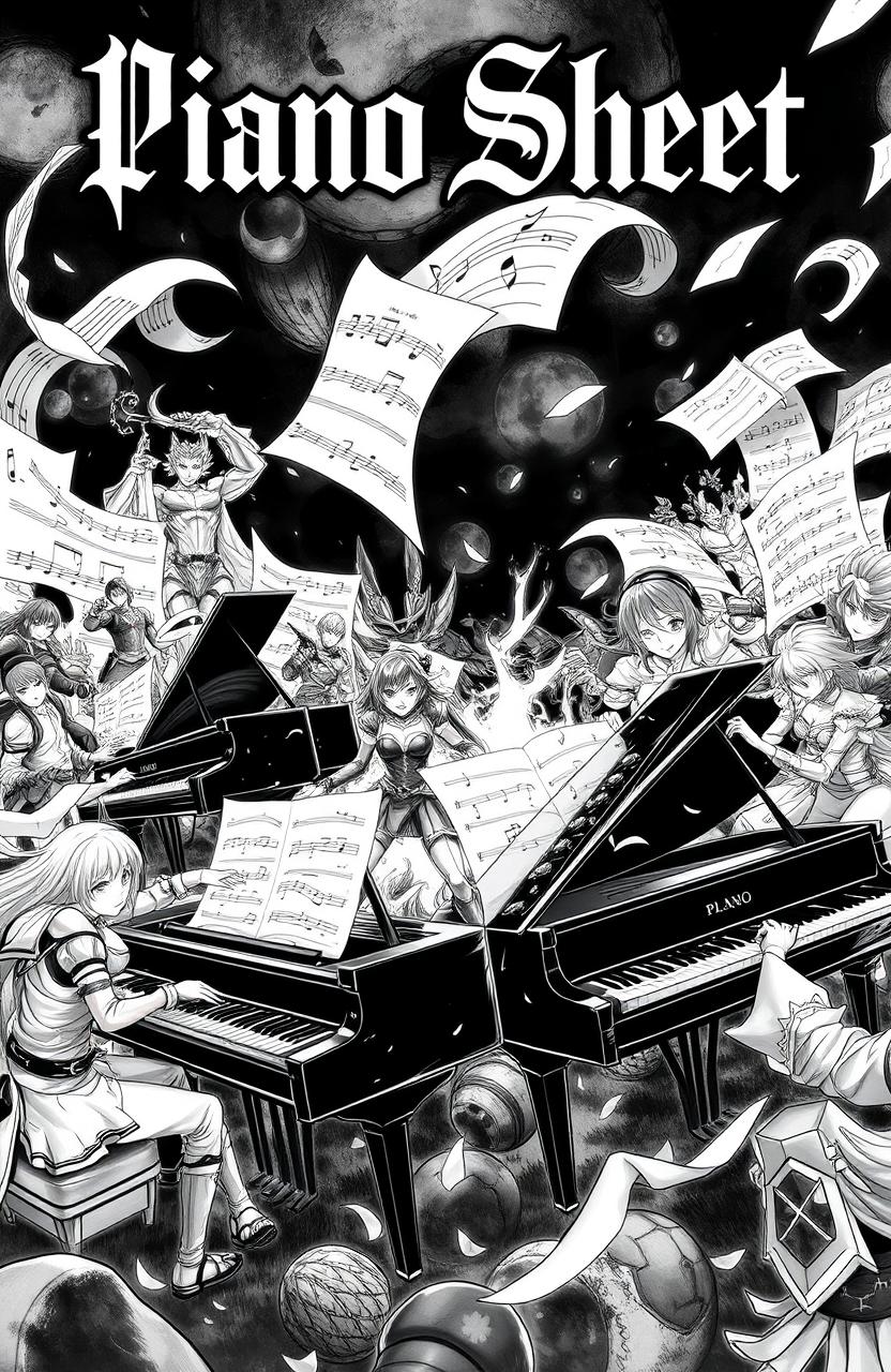 An epic black and white scene featuring anime and video game characters, engaging in an intense battle while playing grand pianos amidst a dramatic backdrop