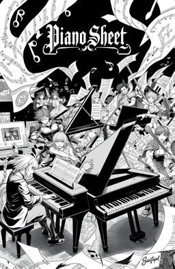 An epic black and white scene featuring anime and video game characters, engaging in an intense battle while playing grand pianos amidst a dramatic backdrop