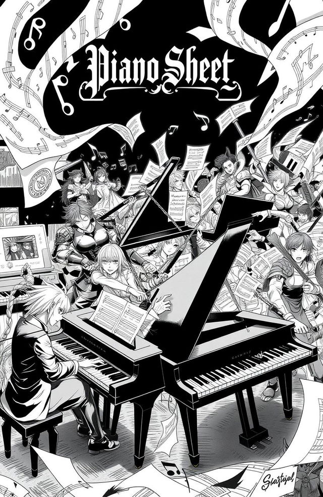 An epic black and white scene featuring anime and video game characters, engaging in an intense battle while playing grand pianos amidst a dramatic backdrop