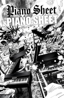 An epic black and white scene featuring anime and video game characters, engaging in an intense battle while playing grand pianos amidst a dramatic backdrop