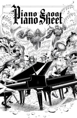 An epic black and white scene featuring anime and video game characters, engaging in an intense battle while playing grand pianos amidst a dramatic backdrop