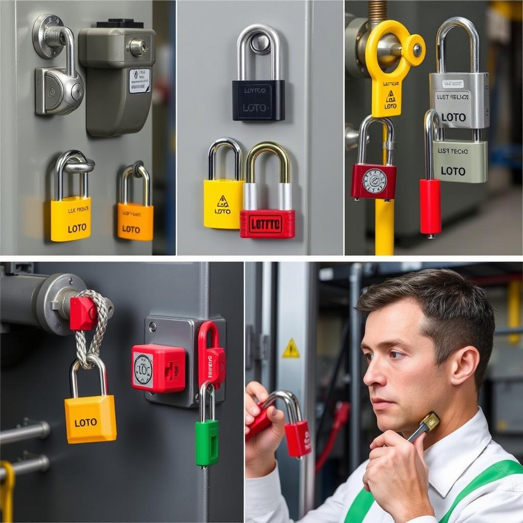 A collection of various LOTO locks installed on different types of equipment, showcasing the diversity and functionality of these safety locks