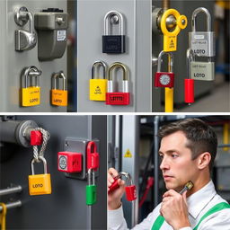 A collection of various LOTO locks installed on different types of equipment, showcasing the diversity and functionality of these safety locks