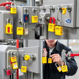 A collection of various LOTO locks installed on different types of equipment, showcasing the diversity and functionality of these safety locks