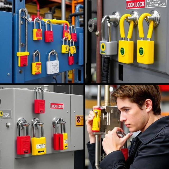 A collection of various LOTO locks installed on different types of equipment, showcasing the diversity and functionality of these safety locks