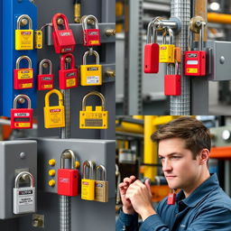 A collection of various LOTO locks installed on different types of equipment, showcasing the diversity and functionality of these safety locks