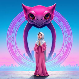 A digital illustration depicting a futuristic creature with a vibrant pink and purple color scheme