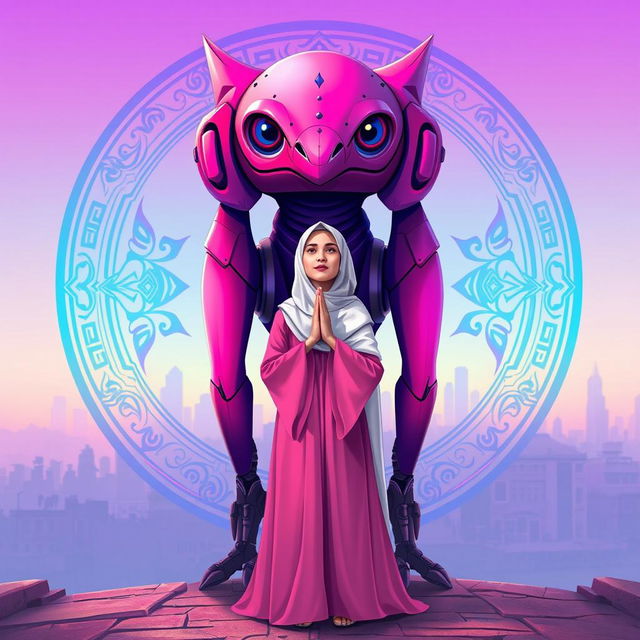 A digital illustration depicting a futuristic creature with a vibrant pink and purple color scheme