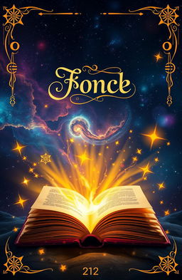 An enchanting book cover design featuring a mystical glowing book at the bottom of the scene