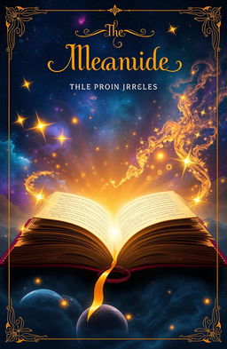 An enchanting book cover design featuring a mystical glowing book at the bottom of the scene