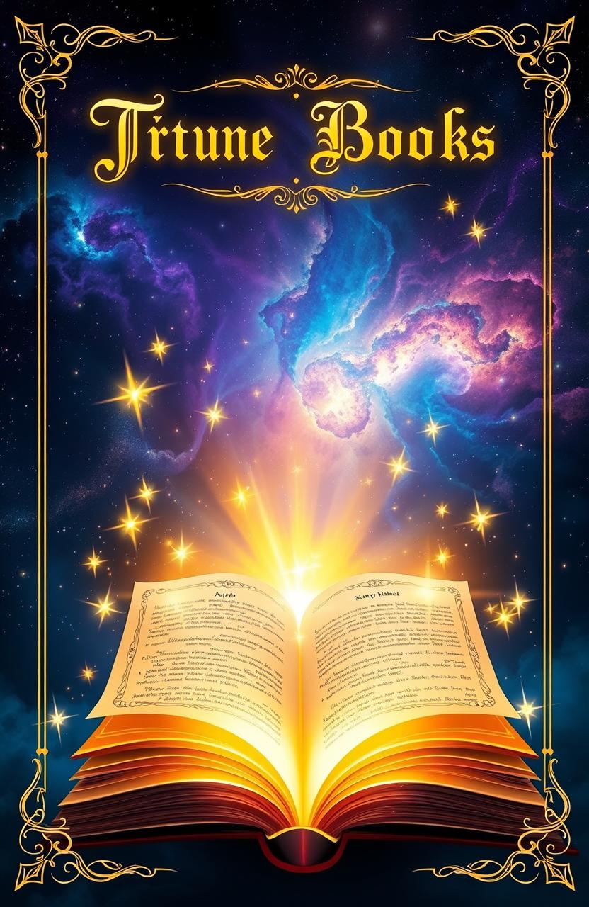 An enchanting book cover design featuring a mystical glowing book at the bottom of the scene