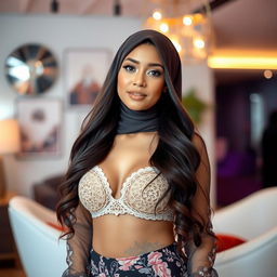 A beautiful Muslim woman in a stylish, modern setting, wearing a fashionable outfit that incorporates elegant details, showcasing a lacey, decorative bra under a semi-sheer top
