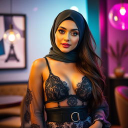 A beautiful Muslim woman in a stylish, modern setting, wearing a fashionable outfit that incorporates elegant details, showcasing a lacey, decorative bra under a semi-sheer top