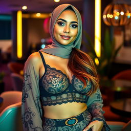 A beautiful Muslim woman in a stylish, modern setting, wearing a fashionable outfit that incorporates elegant details, showcasing a lacey, decorative bra under a semi-sheer top