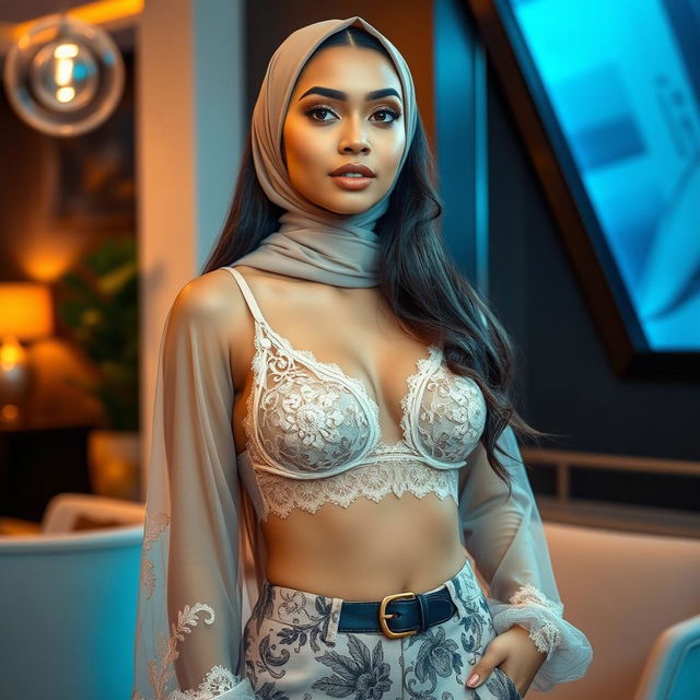 A beautiful Muslim woman in a stylish, modern setting, wearing a fashionable outfit that incorporates elegant details, showcasing a lacey, decorative bra under a semi-sheer top