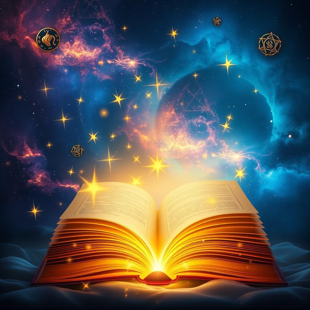 An enchanting book cover design featuring a mystical glowing book at the bottom of the scene, with the book open and radiant golden light emanating from its pages, illuminating the surrounding elements