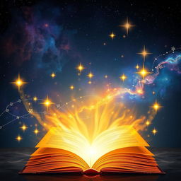 An enchanting book cover design featuring a mystical glowing book at the bottom of the scene, with the book open and radiant golden light emanating from its pages, illuminating the surrounding elements