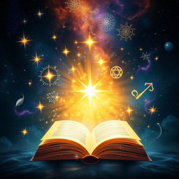 An enchanting book cover design featuring a mystical glowing book at the bottom of the scene, with the book open and radiant golden light emanating from its pages, illuminating the surrounding elements